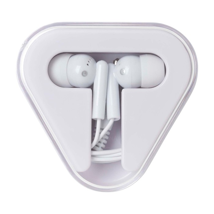Auriculares sencillos con conector de audio y estuche triangular color blanco segunda vista frontal Auriculares sencillos con conector de audio y estuche triangular color blanco segunda vista frontal