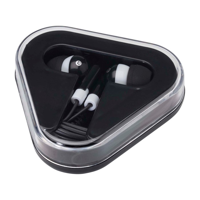 Auriculares sencillos con conector de audio y estuche triangular color negro Auriculares sencillos con conector de audio y estuche triangular color negro
