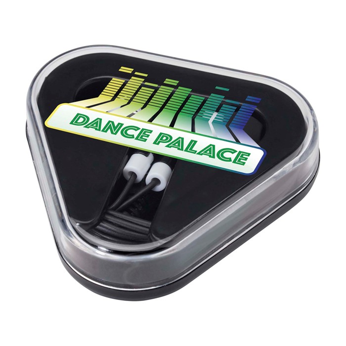 Auriculares sencillos con conector de audio y estuche triangular color negro Auriculares sencillos con conector de audio y estuche triangular color negro