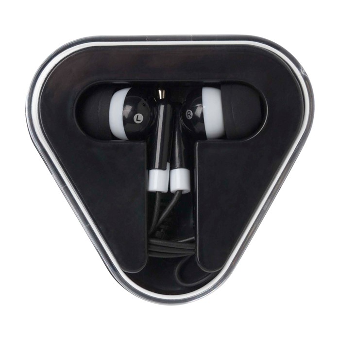 Auriculares sencillos con conector de audio y estuche triangular color negro segunda vista frontal Auriculares sencillos con conector de audio y estuche triangular color negro segunda vista frontal