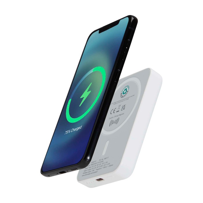Batería externa inalámbrica magnética de plástico reciclado 5.000 mAh color blanco