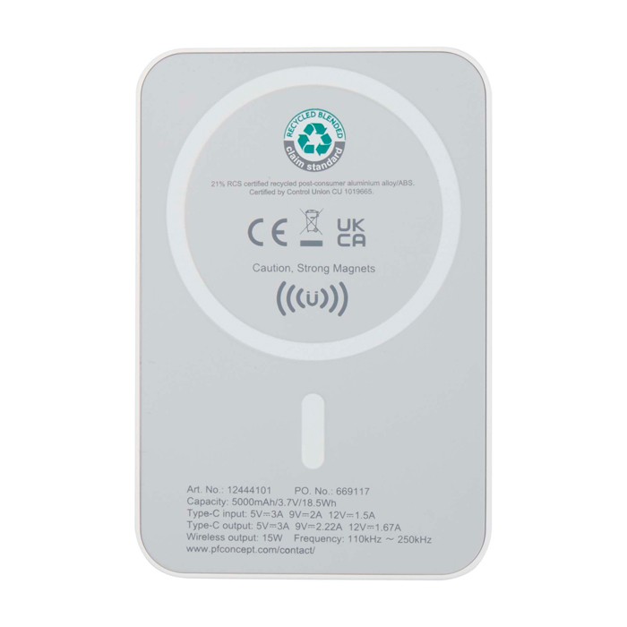 Batería externa inalámbrica magnética de plástico reciclado 5.000 mAh color blanco segunda vista trasera