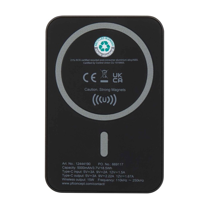 Batería externa inalámbrica magnética de plástico reciclado 5.000 mAh color negro segunda vista trasera