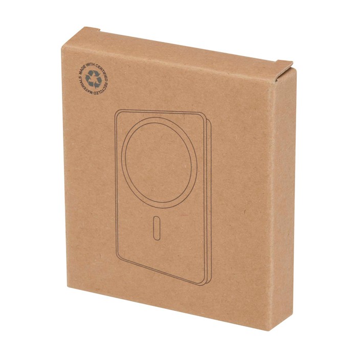 Batería externa inalámbrica magnética de plástico reciclado 5.000 mAh color negro segunda vista con caja