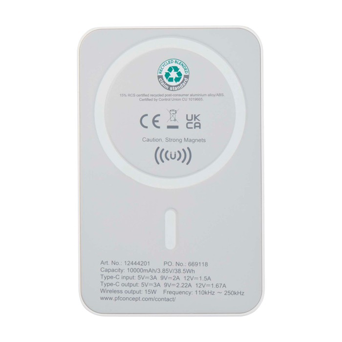 Powerbank inalámbrica magnética de plástico reciclado 10.000 mAh color blanco segunda vista trasera