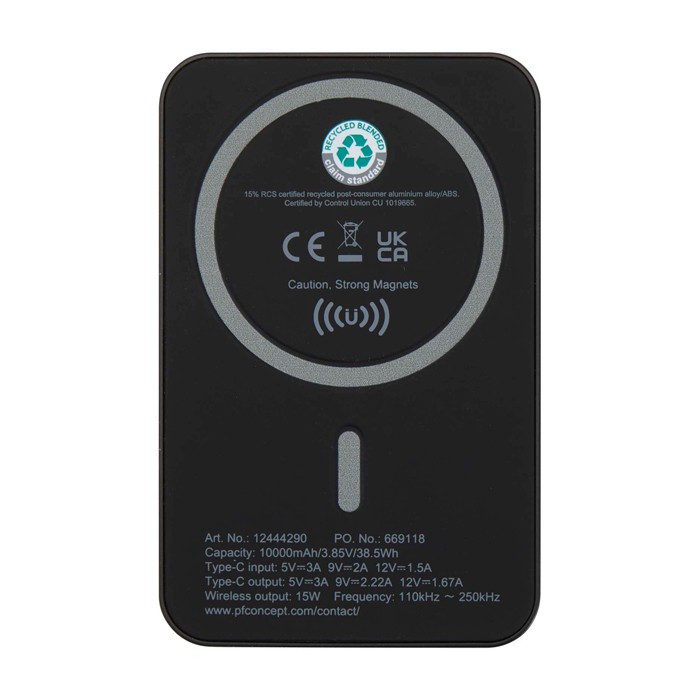 Powerbank inalámbrica magnética de plástico reciclado 10.000 mAh color negro segunda vista trasera