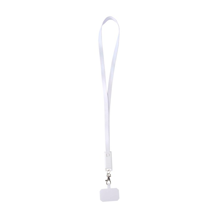 Lanyard para móvil de plástico reciclado con cable de carga 5 en 1 65W color blanco Lanyard para móvil de plástico reciclado con cable de carga 5 en 1 65W color blanco
