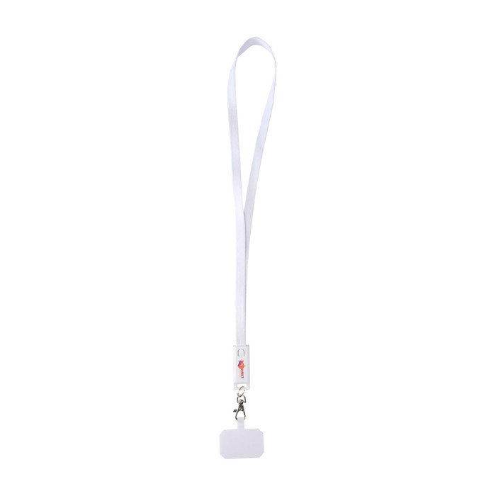 Lanyard para móvil de plástico reciclado con cable de carga 5 en 1 65W color blanco Lanyard para móvil de plástico reciclado con cable de carga 5 en 1 65W color blanco