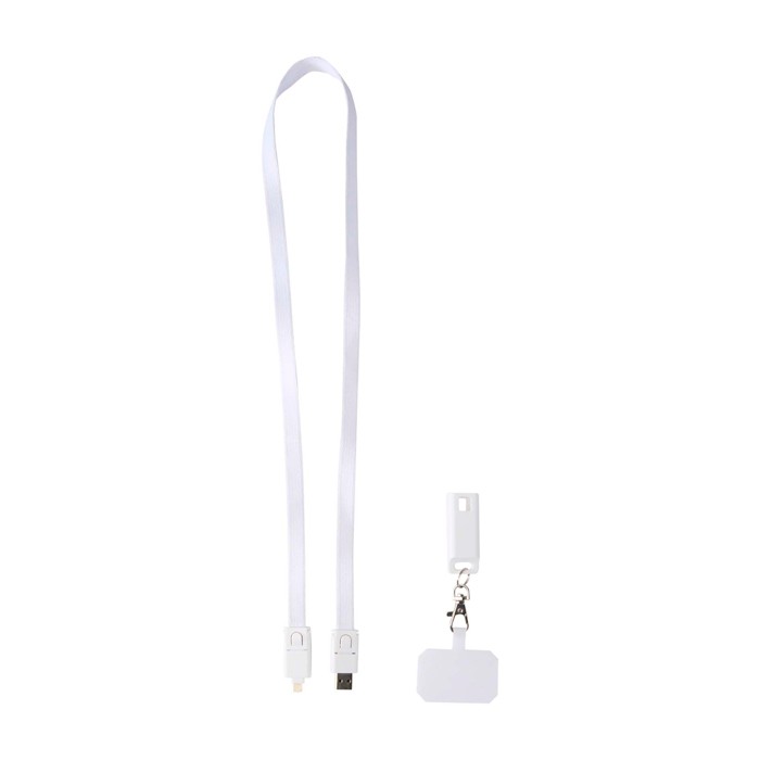 Lanyard para móvil de plástico reciclado con cable de carga 5 en 1 65W color blanco tercera vista Lanyard para móvil de plástico reciclado con cable de carga 5 en 1 65W color blanco tercera vista