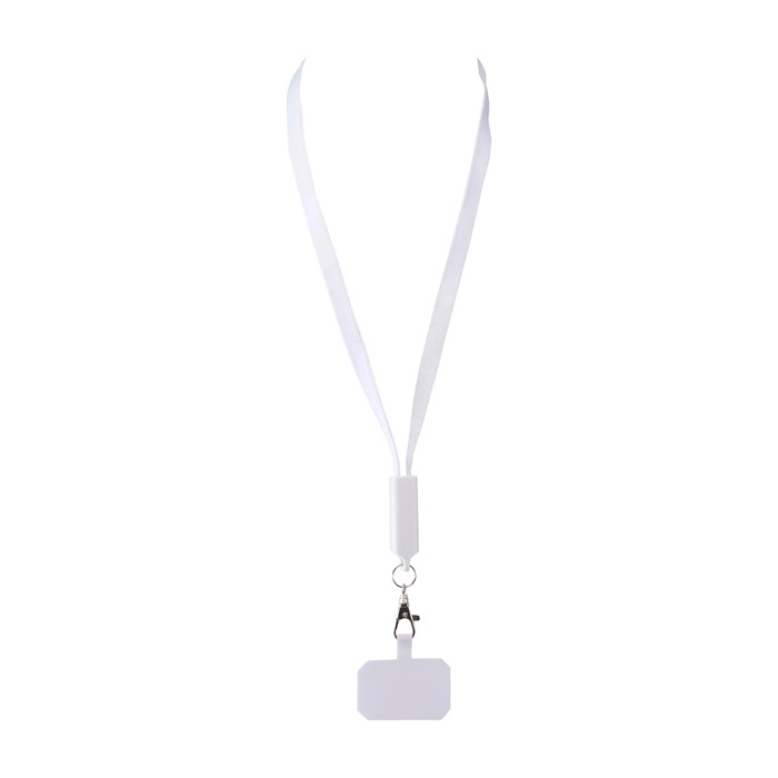 Lanyard para móvil de plástico reciclado con cable de carga 5 en 1 65W color blanco segunda vista frontal Lanyard para móvil de plástico reciclado con cable de carga 5 en 1 65W color blanco segunda vista frontal