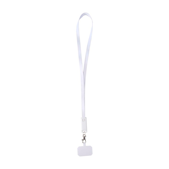 Lanyard para móvil de plástico reciclado con cable de carga 5 en 1 65W color blanco tercera vista frontal Lanyard para móvil de plástico reciclado con cable de carga 5 en 1 65W color blanco tercera vista frontal