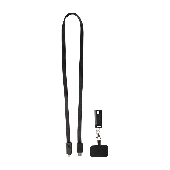 Lanyard para móvil de plástico reciclado con cable de carga 5 en 1 65W color negro tercera vista Lanyard para móvil de plástico reciclado con cable de carga 5 en 1 65W color negro tercera vista