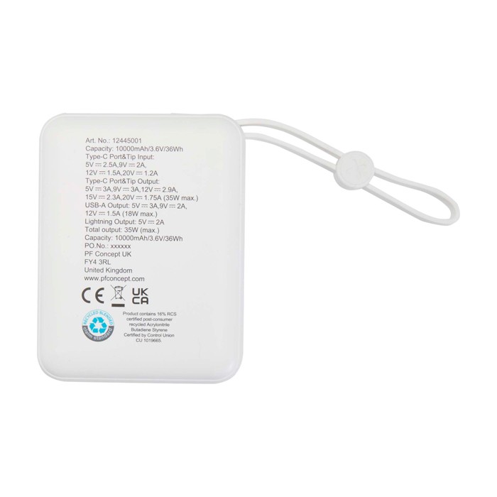 Batería externa de plástico reciclado con carga rápida 10.000 mAh color blanco segunda vista trasera