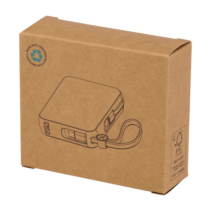 Batería externa de plástico reciclado con carga rápida 10.000 mAh color blanco segunda vista con caja