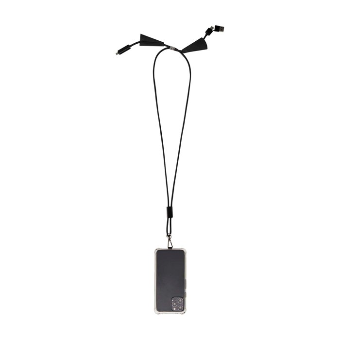 Lanyard para smartphone de plástico reciclado con cable 5 en 1 100W color negro segunda vista Lanyard para smartphone de plástico reciclado con cable 5 en 1 100W color negro segunda vista