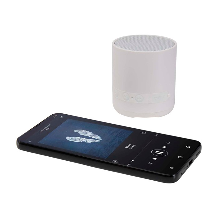 Altavoz inalámbrico de plástico reciclado con micrófono integrado 3W color blanco tercera vista Altavoz inalámbrico de plástico reciclado con micrófono integrado 3W color blanco tercera vista