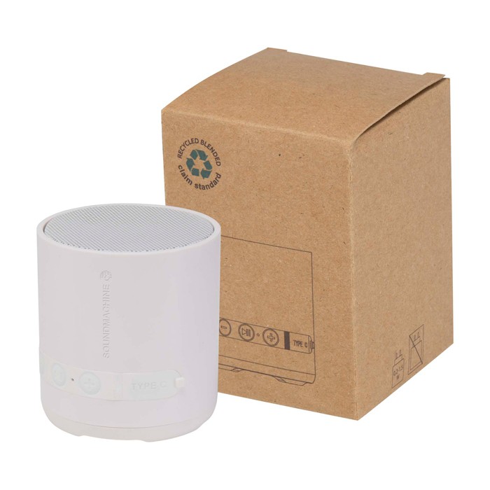 Altavoz inalámbrico de plástico reciclado con micrófono integrado 3W color blanco vista impresa logo 2 Altavoz inalámbrico de plástico reciclado con micrófono integrado 3W color blanco vista impresa logo 2