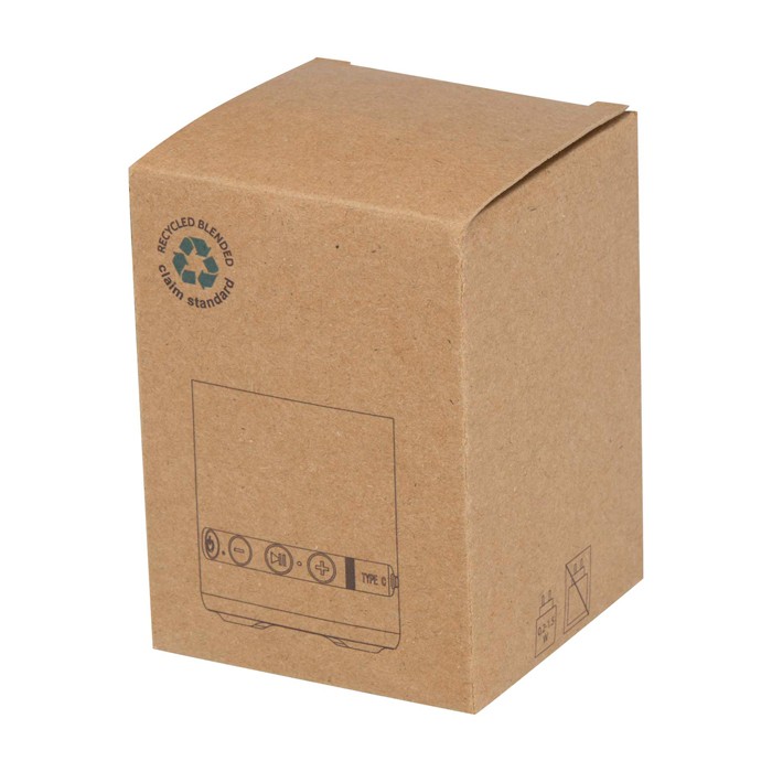 Altavoz inalámbrico de plástico reciclado con micrófono integrado 3W color blanco segunda vista con caja Altavoz inalámbrico de plástico reciclado con micrófono integrado 3W color blanco segunda vista con caja