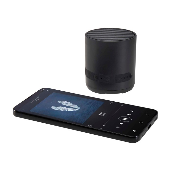 Altavoz inalámbrico de plástico reciclado con micrófono integrado 3W color negro tercera vista Altavoz inalámbrico de plástico reciclado con micrófono integrado 3W color negro tercera vista