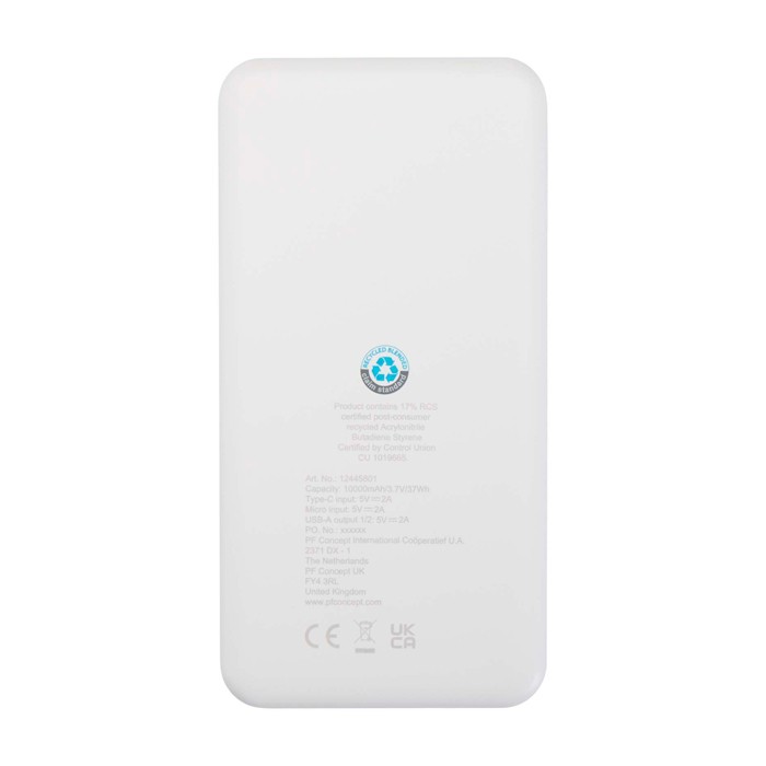 Powerbank de plástico reciclado con indicador LED de carga 10.000 mAh color blanco segunda vista trasera