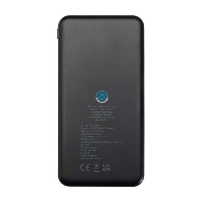 Powerbank de plástico reciclado con indicador LED de carga 10.000 mAh color negro segunda vista trasera