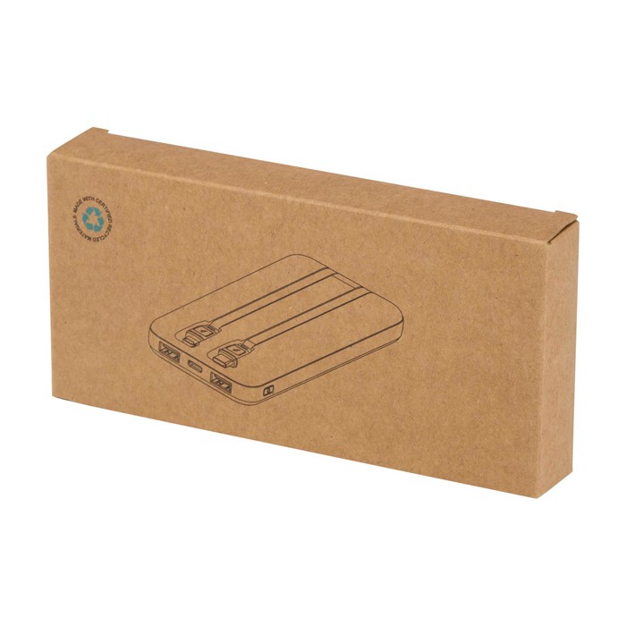 Batería externa de plástico reciclado con 2 cables 10.000 mAh color blanco segunda vista con caja