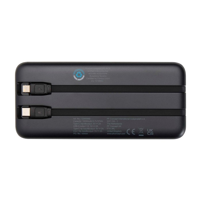 Batería externa de plástico reciclado con 2 cables 10.000 mAh color negro segunda vista trasera