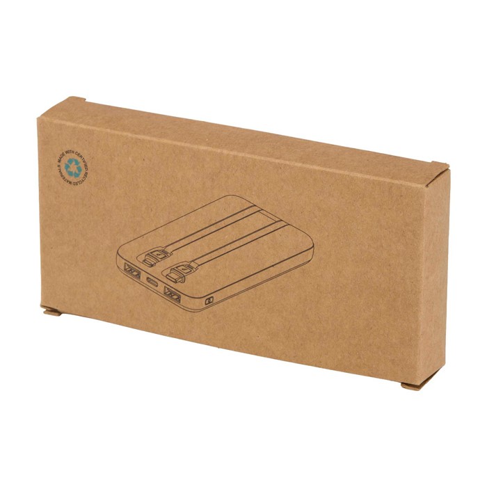 Batería externa de plástico reciclado con 2 cables 10.000 mAh color negro segunda vista con caja