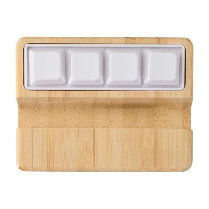 Soporte para teléfono de bambú con juguete antiestrés de teclas color madera segunda vista frontal