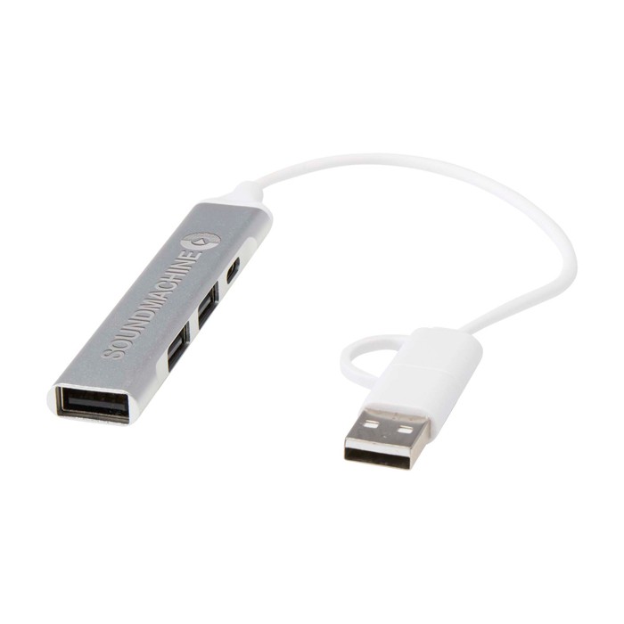 Hub de aluminio reciclado con 4 puertos de carga y transferencia color plateado vista impresa logo 2