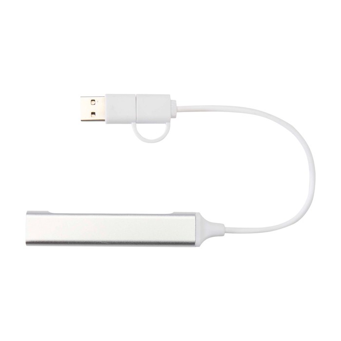 Hub de aluminio reciclado con 4 puertos de carga y transferencia color plateado segunda vista frontal