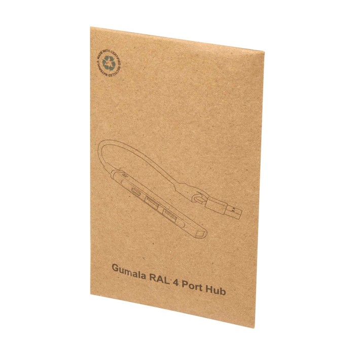 Hub de aluminio reciclado con 4 puertos de carga y transferencia color plateado segunda vista con caja