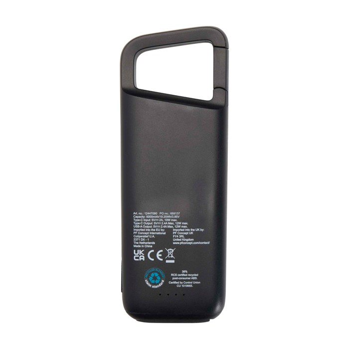 Powerbank ecológico resistente al agua con mosquetón 5.000 mAh color negro segunda vista trasera