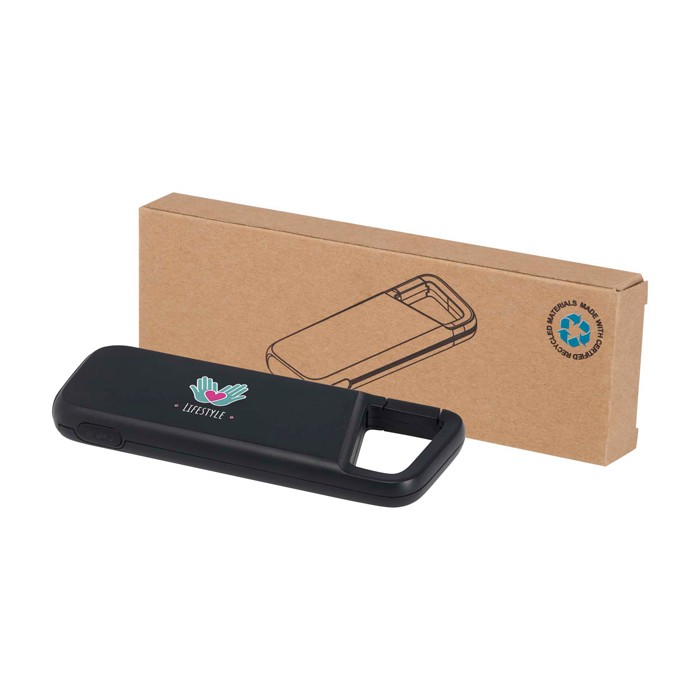 Powerbank ecológico resistente al agua con mosquetón 5.000 mAh color negro vista impresión tampografía