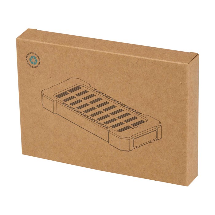 Powerbank de energía solar con diseño exterior ultraresistente color negro segunda vista con caja