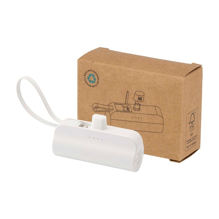 Batería externa 2 en 1 de plástico reciclado con soporte plegable color blanco tercera vista