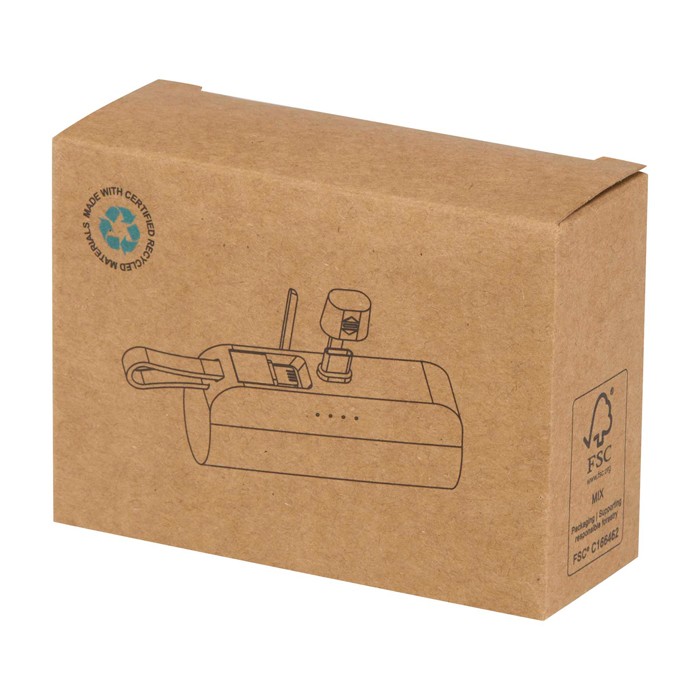 Batería externa 2 en 1 de plástico reciclado con soporte plegable color blanco segunda vista con caja