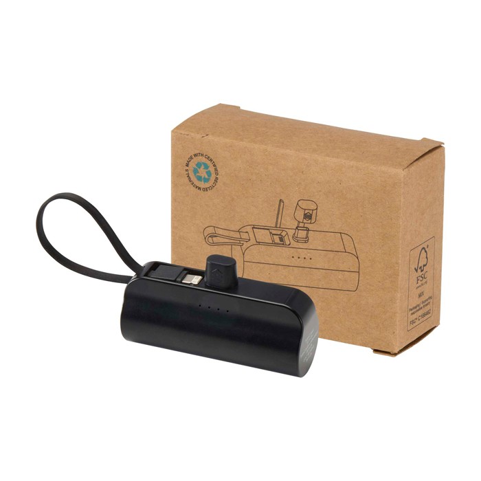 Batería externa 2 en 1 de plástico reciclado con soporte plegable color negro tercera vista