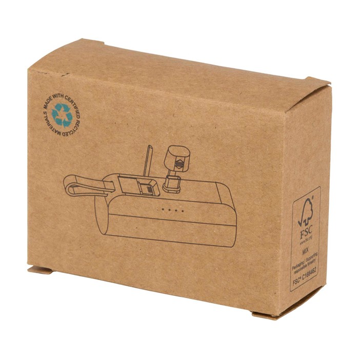 Batería externa 2 en 1 de plástico reciclado con soporte plegable color negro segunda vista con caja