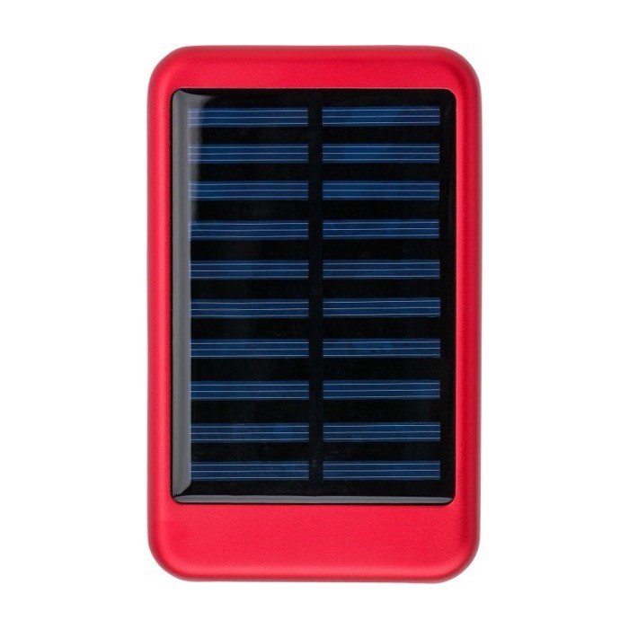 Batería externa solar de aluminio con bordes de color 4.000 mAh color rojo primera vista Batería externa solar de aluminio con bordes de color 4.000 mAh color rojo primera vista