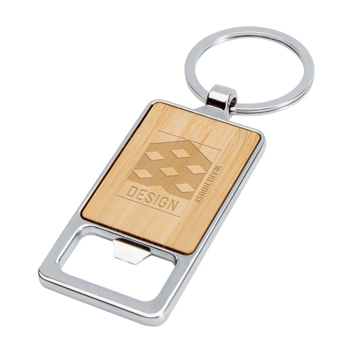 Llavero moderno de bambú que sirve de abridor de botellas color natural vista impresa logo 2