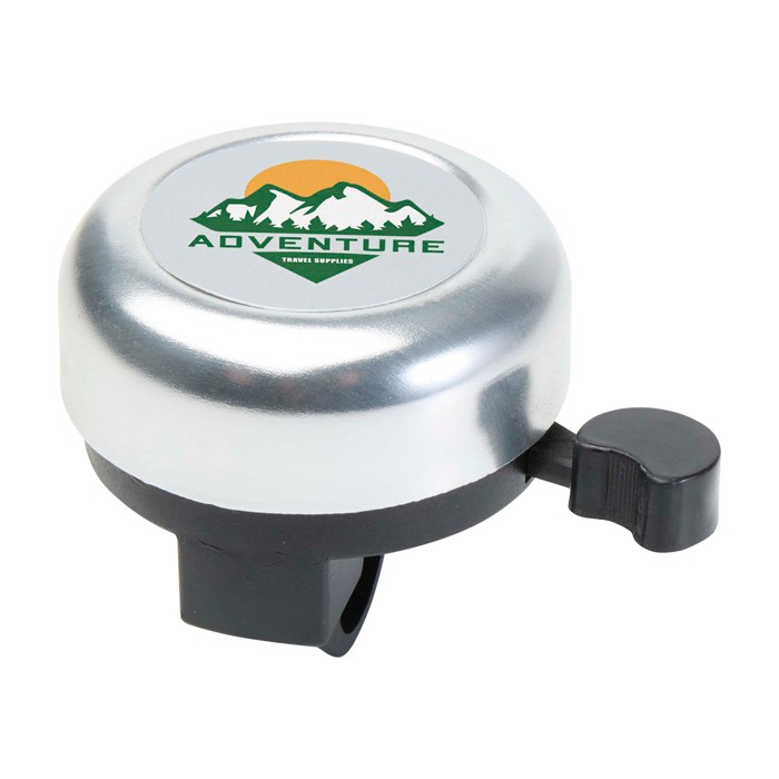 Timbre para bicicleta de aluminio y plástico con un sonido fuerte color plateado vista impresión tampografía Timbre para bicicleta de aluminio y plástico con un sonido fuerte color plateado vista impresión tampografía