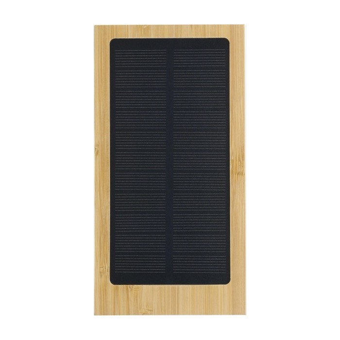 Batería externa solar de bambú con luz indicadora 10.000 mAh color marrón primera vista Batería externa solar de bambú con luz indicadora 10.000 mAh color marrón primera vista