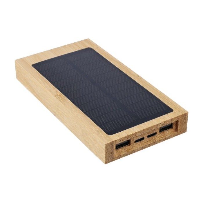 Batería externa solar de bambú con luz indicadora 10.000 mAh color marrón segunda vista Batería externa solar de bambú con luz indicadora 10.000 mAh color marrón segunda vista
