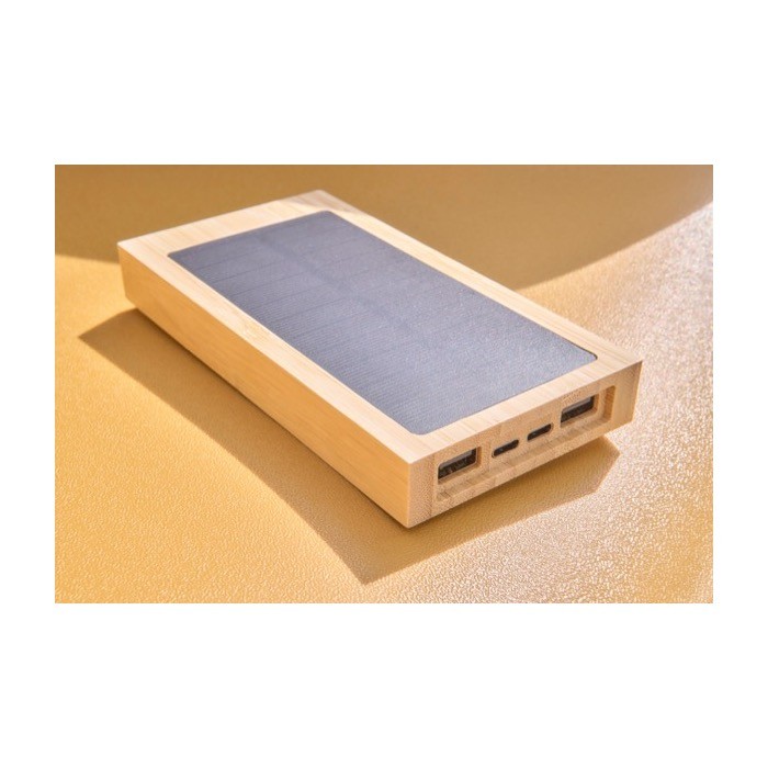 Batería externa solar de bambú con luz indicadora 10.000 mAh novena vista Batería externa solar de bambú con luz indicadora 10.000 mAh novena vista