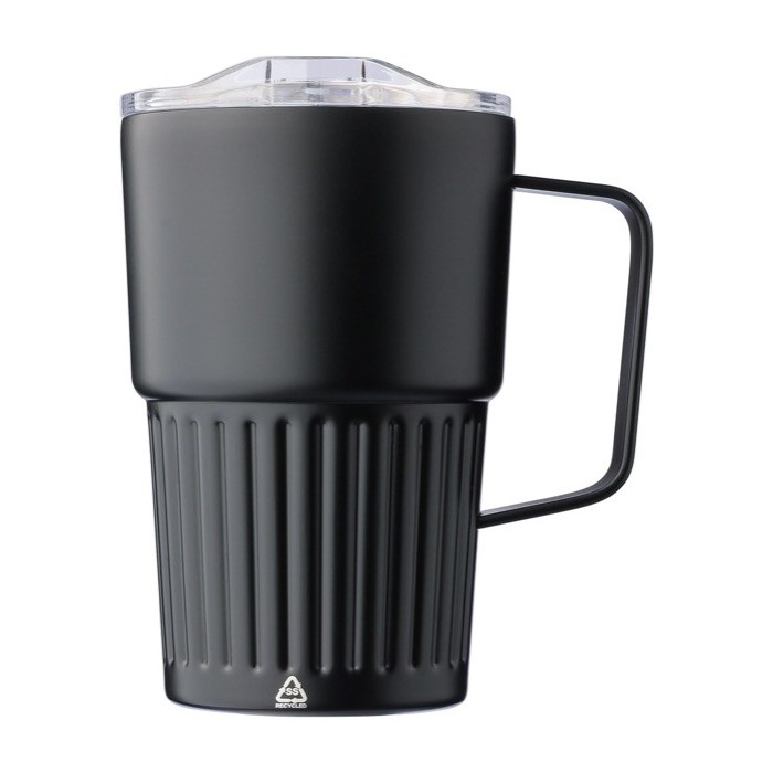 Taza take away de acero inoxidable reciclado con asa 450ml color negro primera vista Taza take away de acero inoxidable reciclado con asa 450ml color negro primera vista