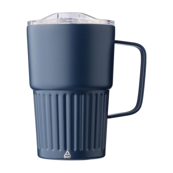 Taza take away de acero inoxidable reciclado con asa 450ml color azul primera vista Taza take away de acero inoxidable reciclado con asa 450ml color azul primera vista