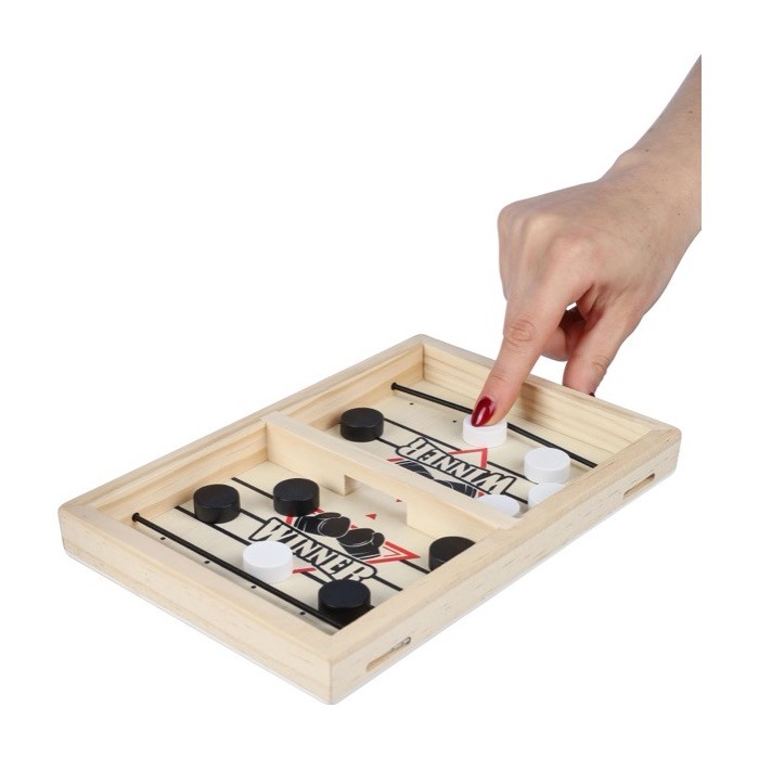 Hockey de mesa rápido de madera con 10 fichas redondas cuarta vista Hockey de mesa rápido de madera con 10 fichas redondas cuarta vista