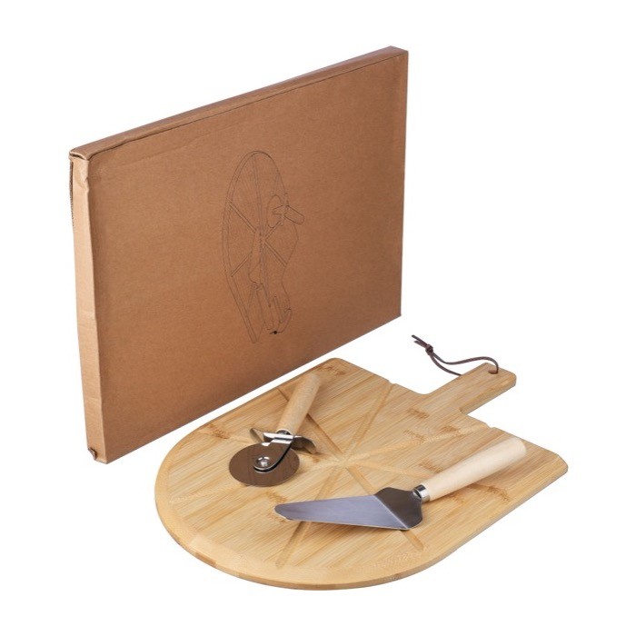 Tabla de pizza de bambú con guías de corte y un cortador y espátula duodécima vista Tabla de pizza de bambú con guías de corte y un cortador y espátula duodécima vista