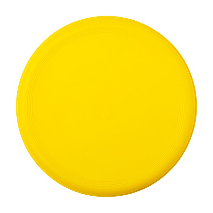 Frisbee redondo de plástico reciclado con acabado moteado color amarillo segunda vista frontal